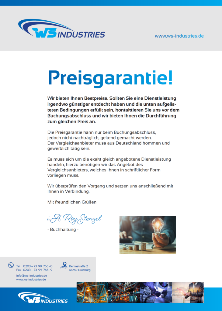 Werbeplakat für Preisgarantie von WS Industries